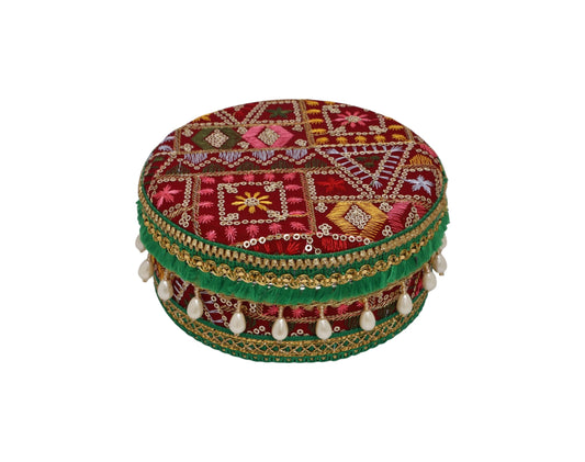 Zardozi Handcrafted Laddoo Box - Maroon