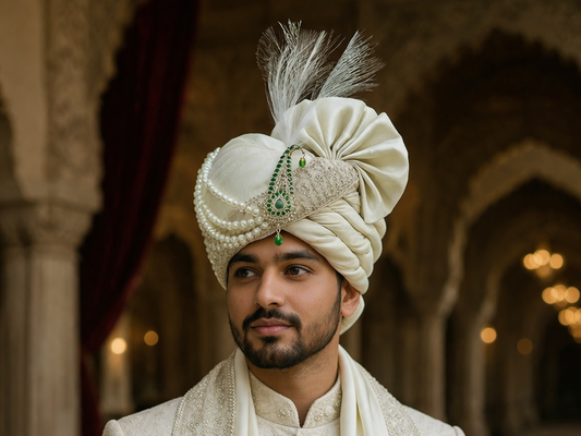 Royal Pistachio Green Groom’s Pagdi with Embroidered Safa & Beaded Kalgi