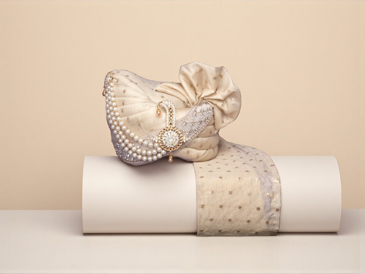 Champagne Golden Groom’s Pagdi with Mirror Work Safa & Pearl Kalgi