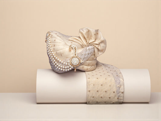 Champagne Golden Groom’s Pagdi with Mirror Work Safa & Pearl Kalgi