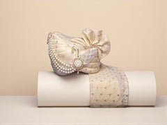 Champagne Golden Groom’s Pagdi with Mirror Work Safa & Pearl Kalgi