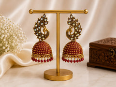 Peacock Elegance Jhumka Trio Combo - White , Black and Ruby