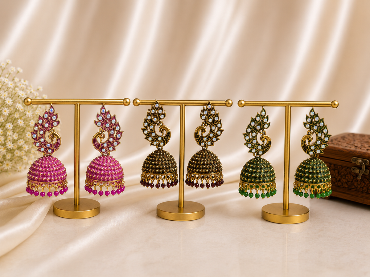 Peacock Elegance Jhumka Trio Combo - Pink,Green and Maroon