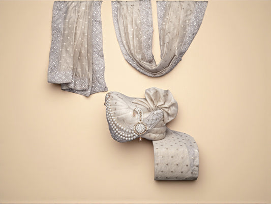 Champagne Golden Groom’s Pagdi with Mirror Work Safa & Pearl Kalgi