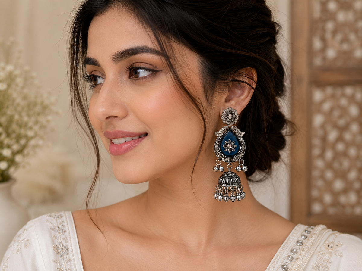 Ethereal indigo Floral Statement Jhumkas with Gift Box and message card