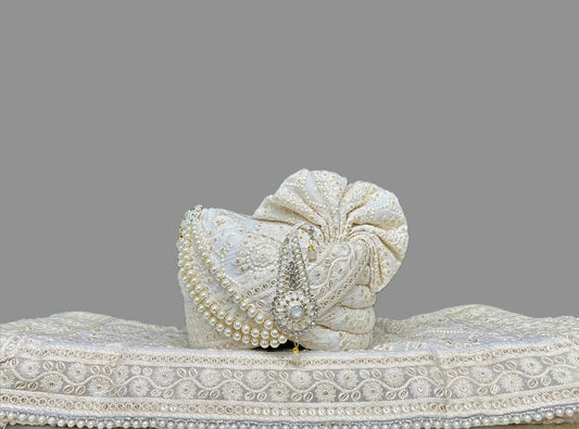 Ivory Embroidered Groom’s Pagdi with Safa & Pearl Kalgi
