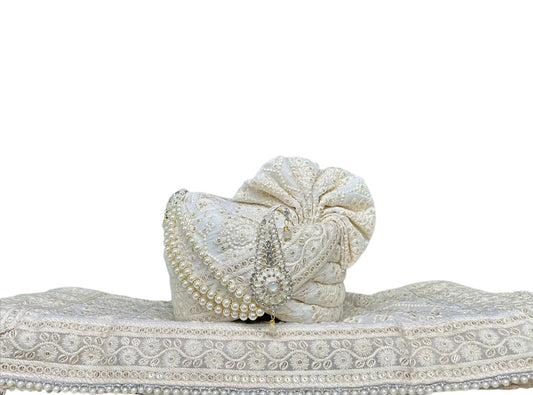 Ivory Embroidered Groom’s Pagdi with Safa & Pearl Kalgi