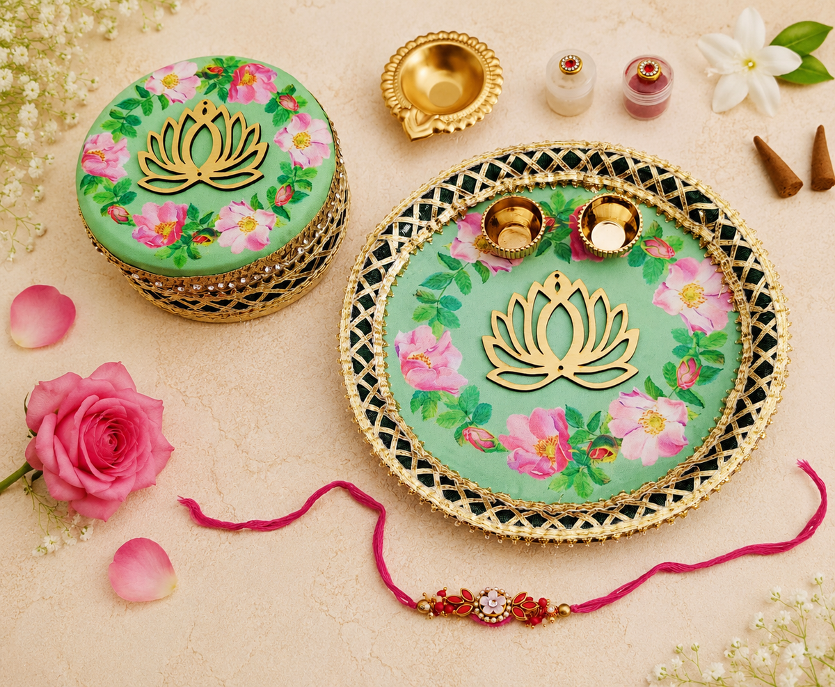 Premium Floral Rakhi Thali Gift Set with Kundan Rakhi, Brass Diya & Decorative Gift Box (8 Inch)