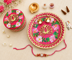 Premium Floral Rakhi Thali Gift Set with Kundan Rakhi, Brass Diya & Decorative Gift Box (8 Inch)