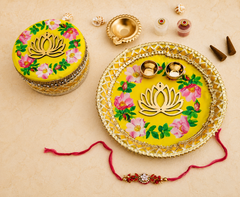 Premium Floral Rakhi Thali Gift Set with Kundan Rakhi, Brass Diya & Decorative Gift Box (8 Inch)