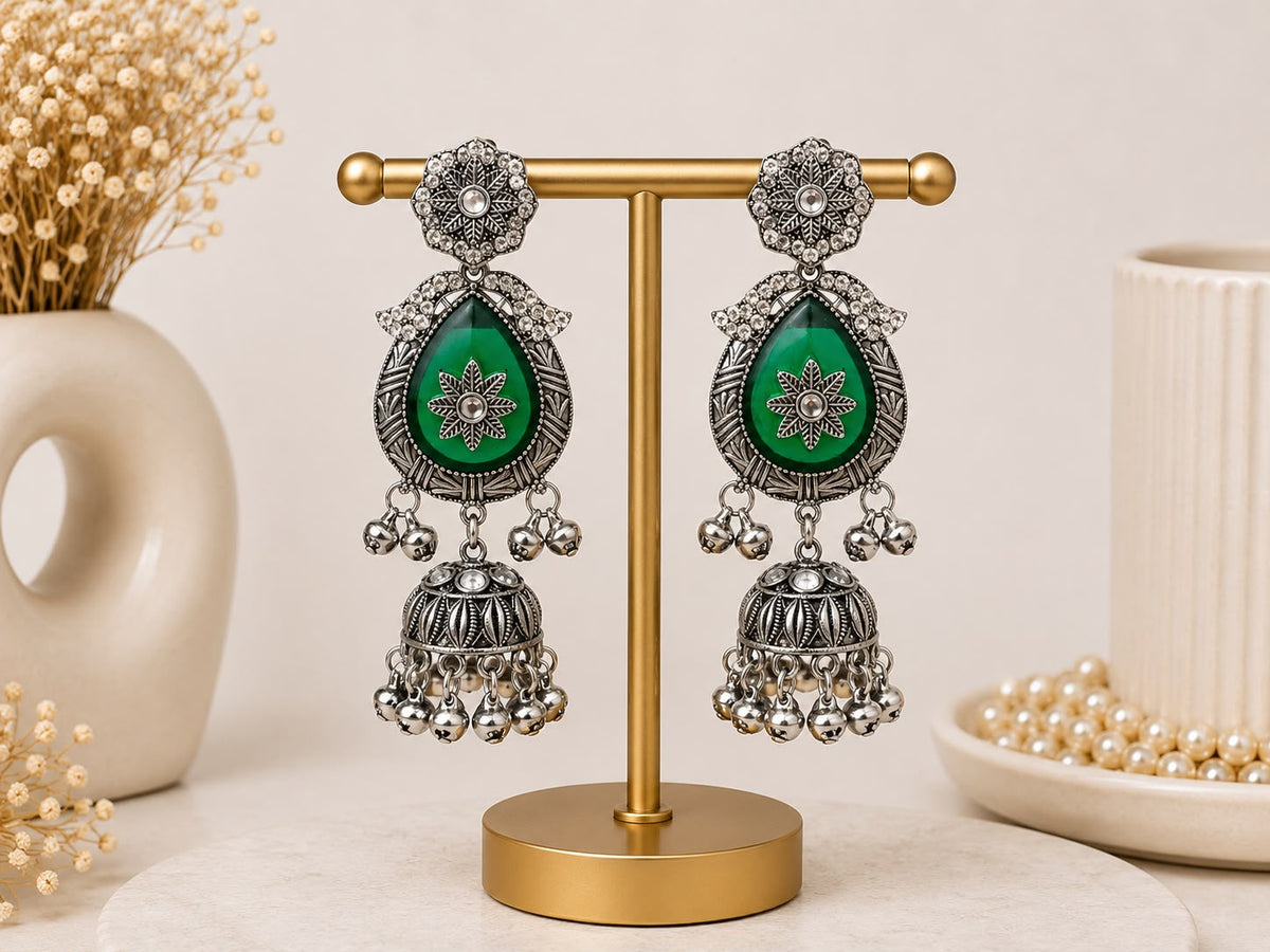 Ethereal Green Floral Statement Jhumkas with Gift Box and message card