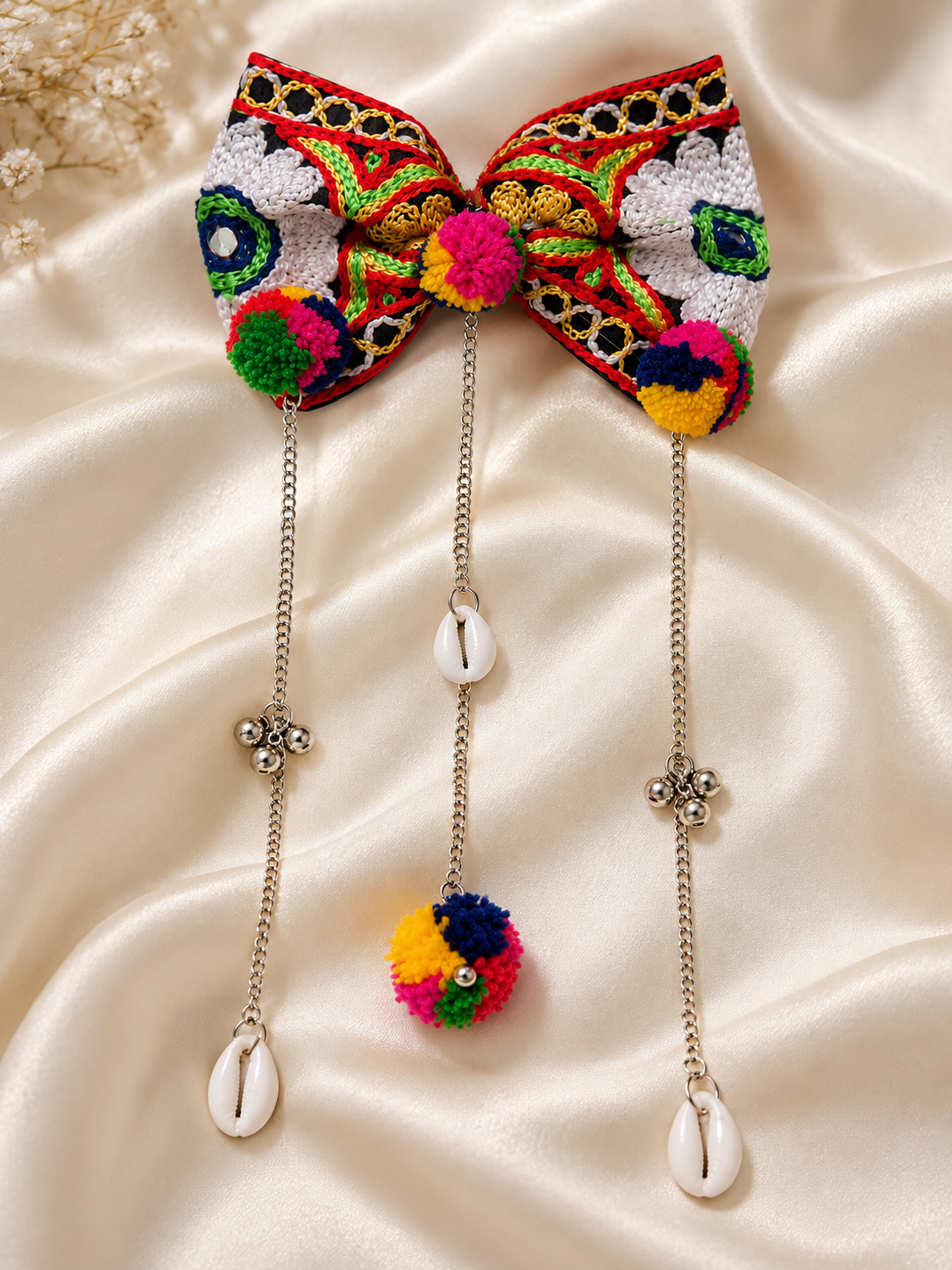 Navratri Multicolour Embroidered Bow Hair Accessory with Floral Motifs, Shell Charms & Dangling Chains
