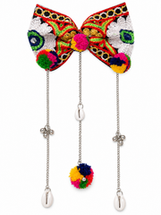 Navratri Multicolour Embroidered Bow Hair Accessory with Floral Motifs, Shell Charms & Dangling Chains