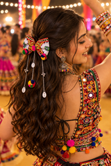 Navratri Multicolour Embroidered Bow Hair Accessory with Floral Motifs, Shell Charms & Dangling Chains