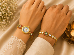 Royal Red Meenakari Bhai Bhabhi Rakhi Set with Floral Watch + Roli chawal+chocolates +message card