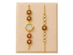 Royal Red Meenakari Bhai Bhabhi Rakhi Set with Floral Watch + Roli chawal+chocolates +message card