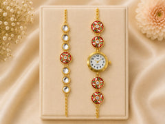Jashn Bazaar Red Floral Meenakari Bhai Bhabhi Rakhi Set with Watch Rakhi+ Roli chawal+chocolates +message card