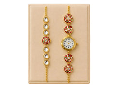 Jashn Bazaar Red Floral Meenakari Bhai Bhabhi Rakhi Set with Watch Rakhi+ Roli chawal+chocolates +message card