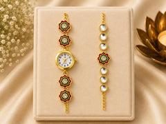 Jashn Bazaar Regal Stone Meenakari Bhai Bhabhi Rakhi Set with Watch Rakhi+ Roli chawal+chocolates +message card