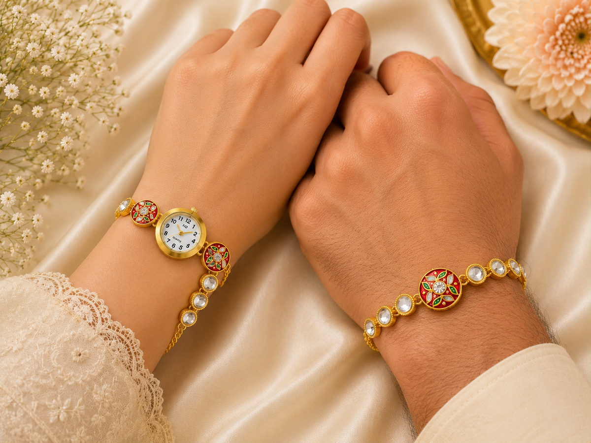 Jashn Bazaar Red Floral Meenakari Bhai Bhabhi Rakhi Set with Watch Rakhi+ Roli chawal+chocolates +message card