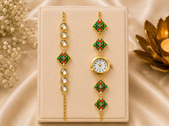 Luxury Green Meenakari Bhai Bhabhi Rakhi Collection with Watch Rakhi+ Roli chawal+chocolates +message card