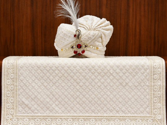 Ivory Embroidered Groom’s Pagdi with Safa & Pearl Kalgi