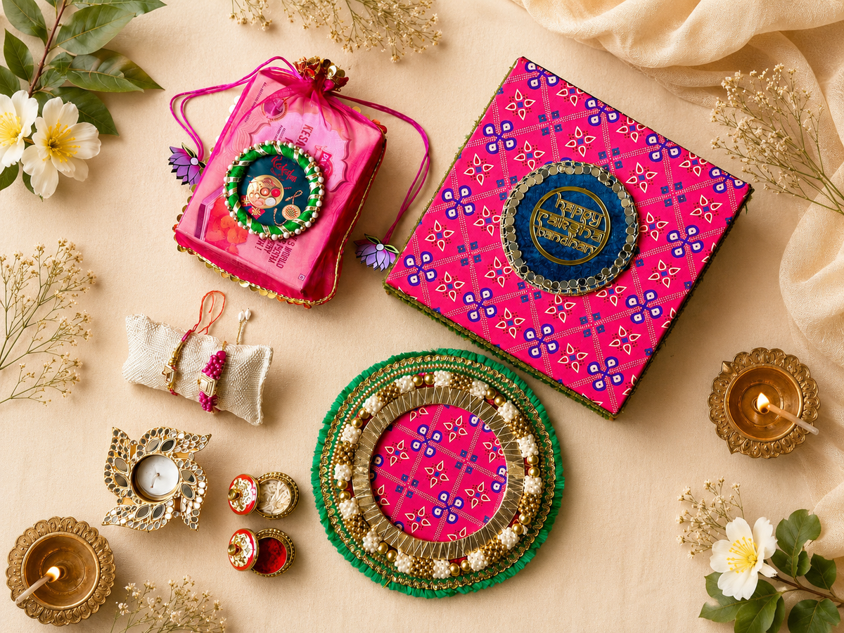 Luxury Bhai-Bhabhi Rakhi Gift Hamper with Decorative Thali, Panchi Kesar Anguri Petha & Festive Gift Box