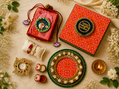 Luxury Bhai-Bhabhi Rakhi Gift Hamper with Decorative Thali, Panchi Kesar Anguri Petha & Festive Gift Box