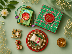 Luxury Bhai-Bhabhi Rakhi Gift Hamper with Decorative Thali, Panchi Kesar Anguri Petha & Festive Gift Box