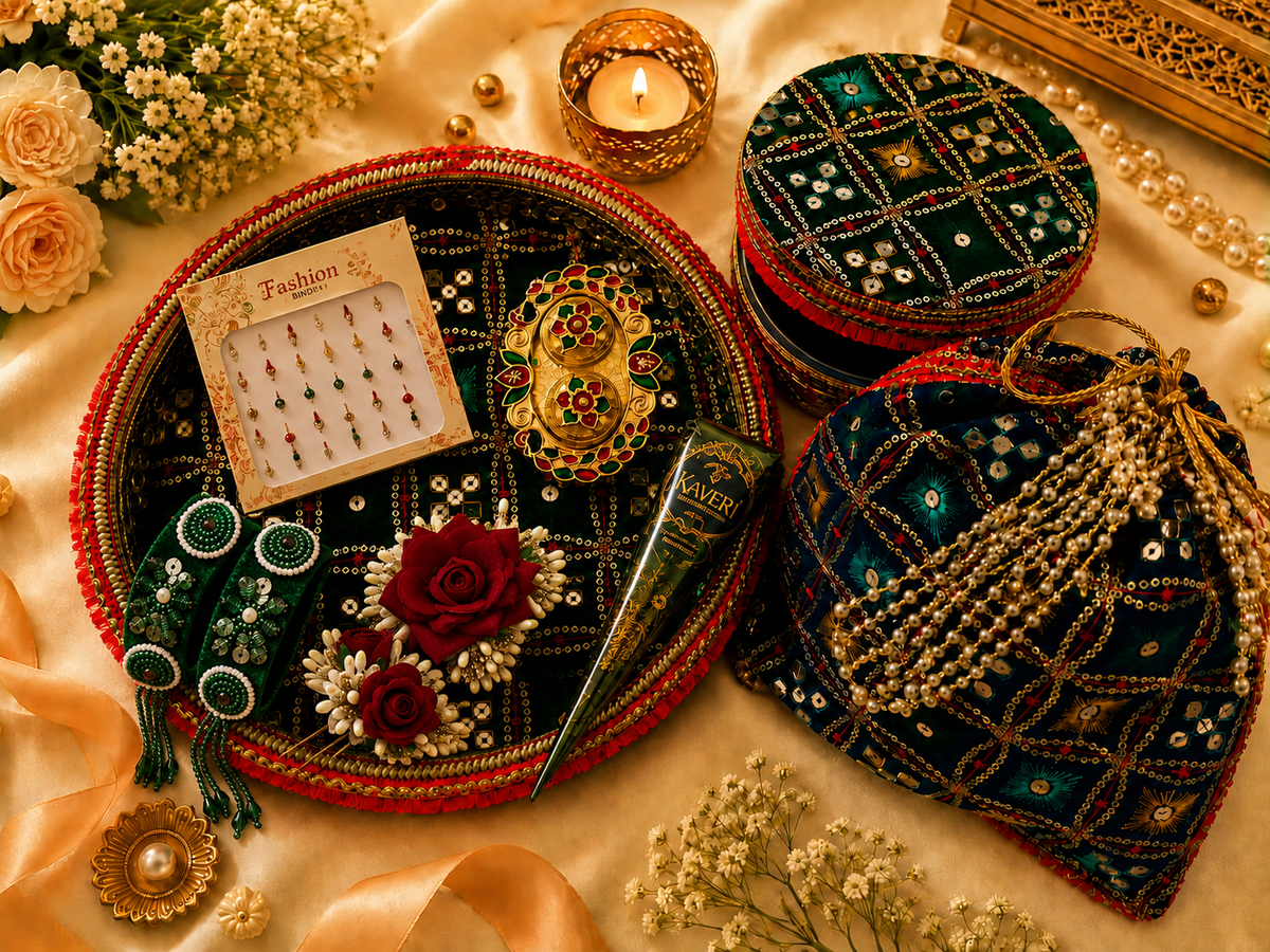 Premium Elegance Teej Celebration Thaal Combo with Potli, Ladoo Box & Shagun Essentials