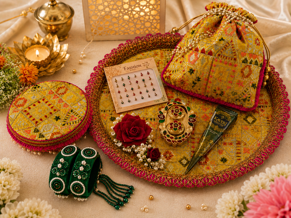 Festive Bloom Teej Celebration Thaal Combo with Potli, Ladoo Box & Shagun Essentials