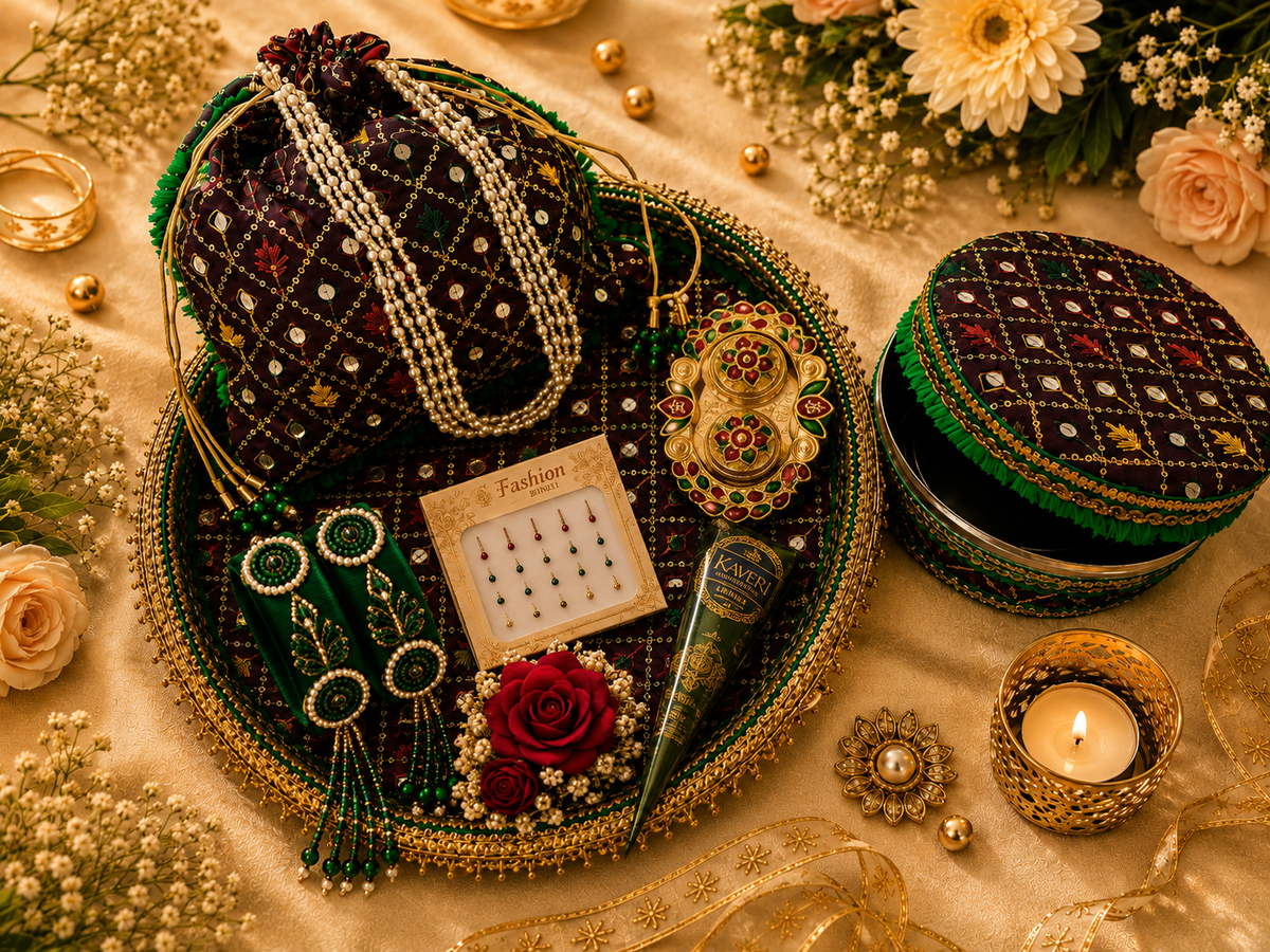 Royal festivity Teej Celebration Thaal Combo with Potli, Ladoo Box & Shagun Essentials
