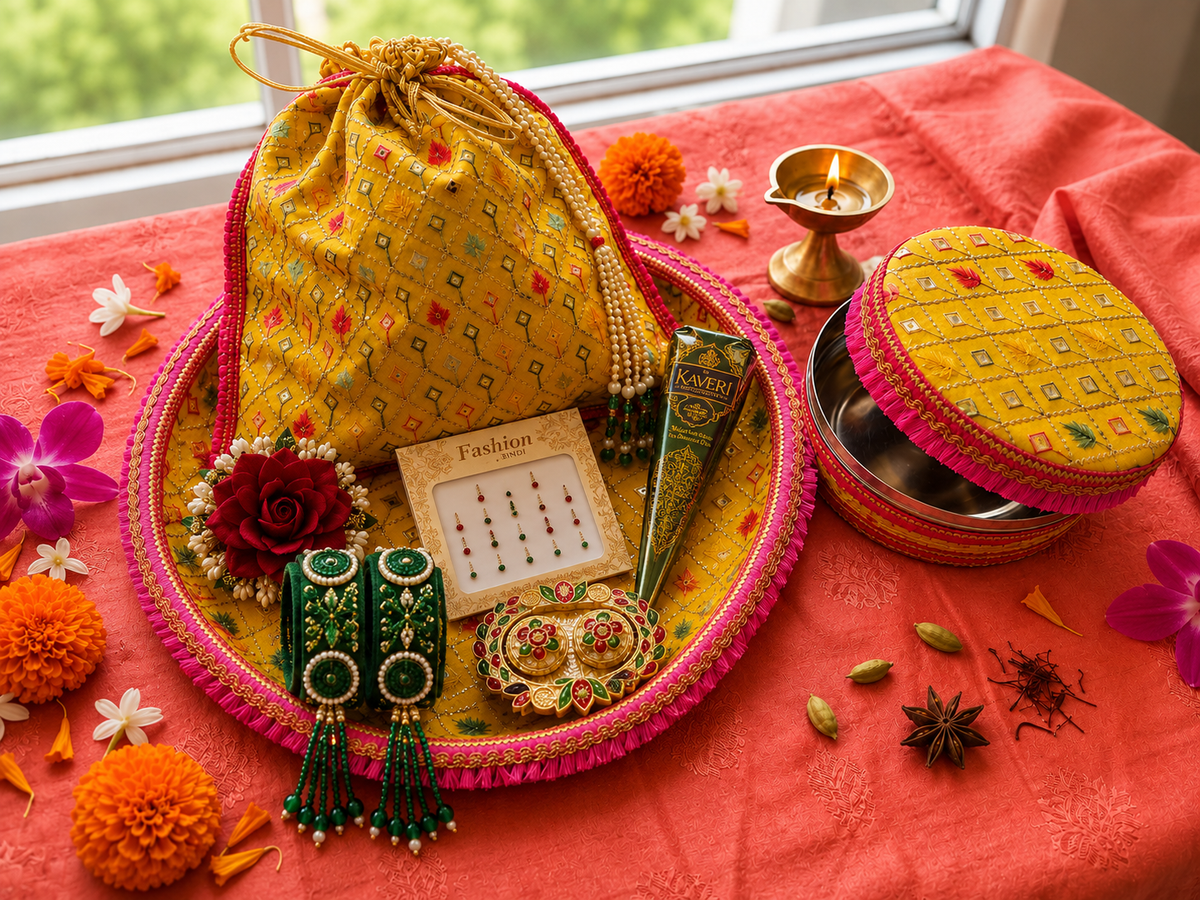 Premium Radiance Teej Celebration Thaal Combo with Potli, Ladoo Box & Shagun Essentials