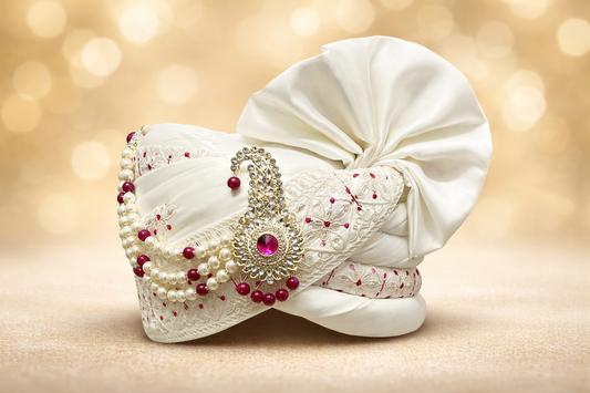 White with Rani Pink Embroidered Groom Pagdi – Royal Safa with Stone Klagi