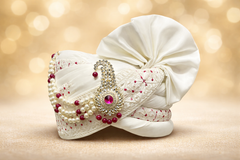 White with Rani Pink Embroidered Groom Pagdi – Royal Safa with Stone Klagi