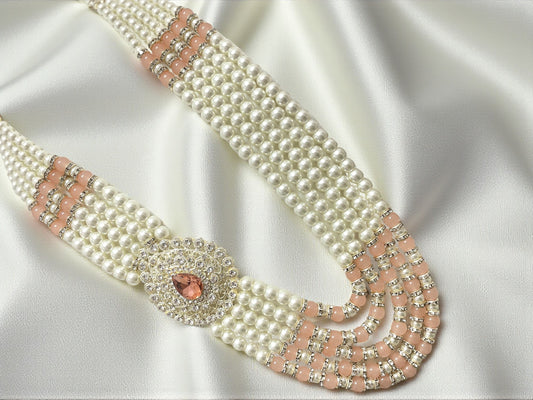 Subtle Pearl & Bead Groom’s Mala with Statement Pendant - Peach