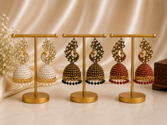 Peacock Elegance Jhumka Trio Combo - White , Black and Ruby