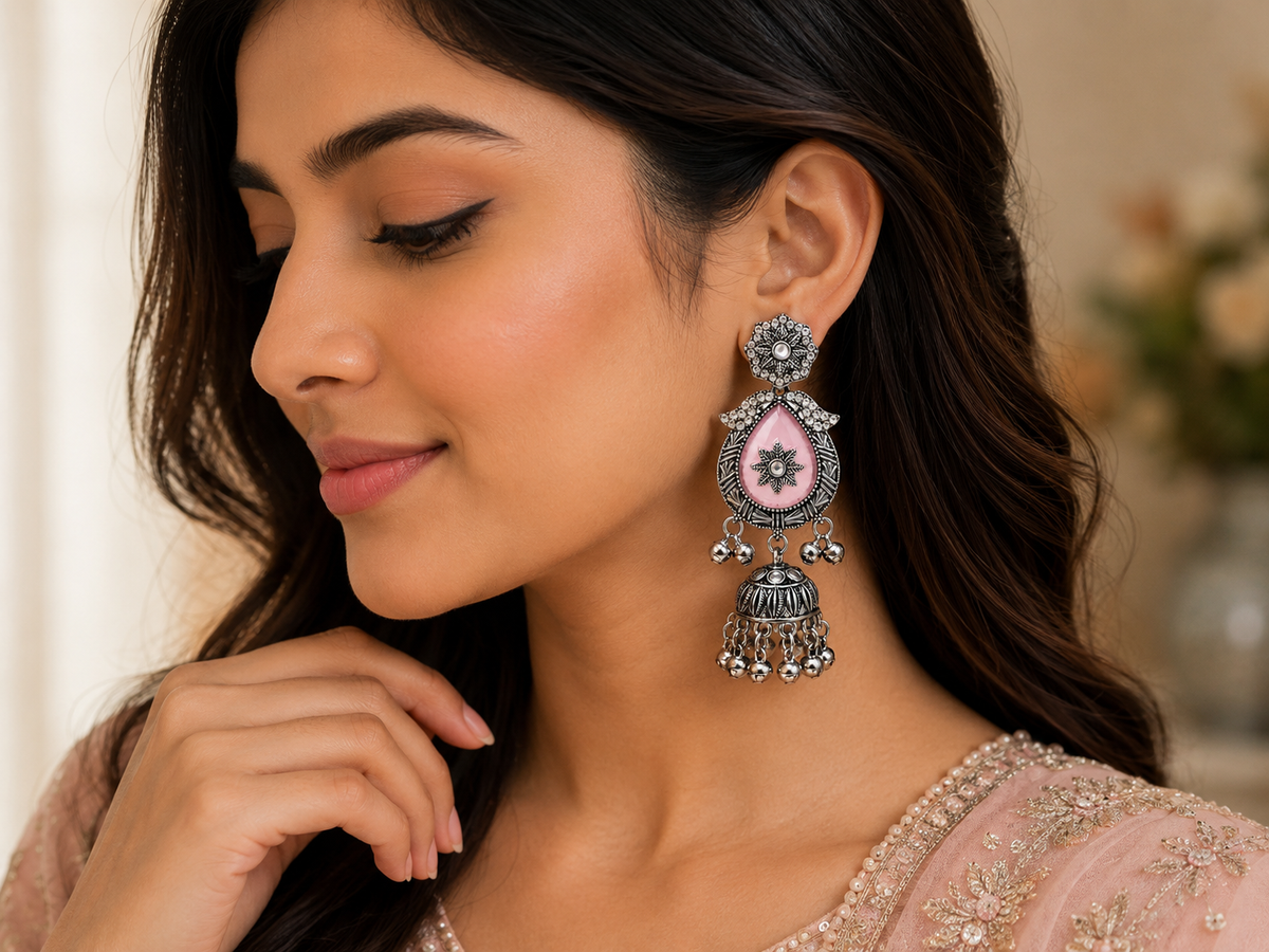 Ethereal Pink Floral Statement Jhumkas with Gift Box and message card