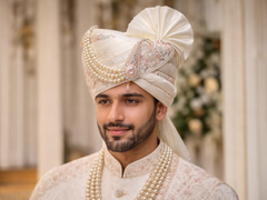 White with  Pink Embroidered Groom Pagdi – Royal Safa with Stone Kal (Copy)