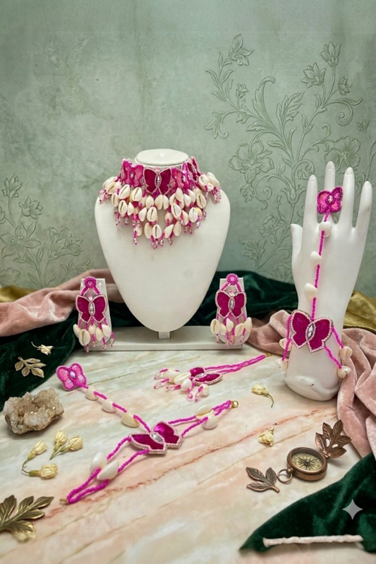 Pink Butterfly Cowrie Shell Statement Jewelry Set