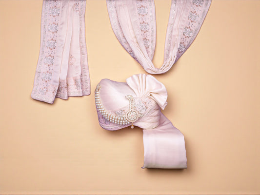 Pastel Pink Groom Pagdi with Embroidered Safa and Pearl Kalgi
