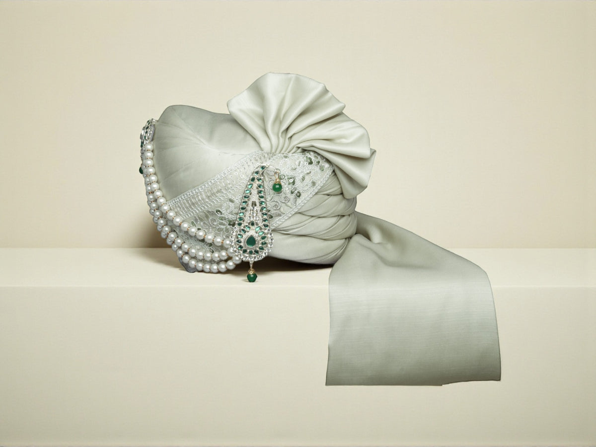 Royal Pistachio Green Groom’s Pagdi with Embroidered Safa & Beaded Kalgi