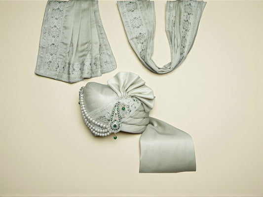 Royal Pistachio Green Groom’s Pagdi with Embroidered Safa & Beaded Kalgi