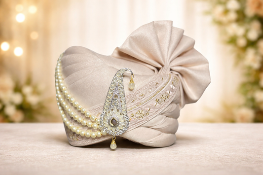 Premium Rose Gold Groom Pagdi – Regal Satin Safa with Peal Kalgi