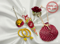 Luxurious Haldi & Mehendi Gift Hamper Set | Gota Potli Bag + Floral Maang Tikka +Hanging Latoo Bangles + Sweet Cone + Rose Hair Pin| Wedding Return Gift Combo