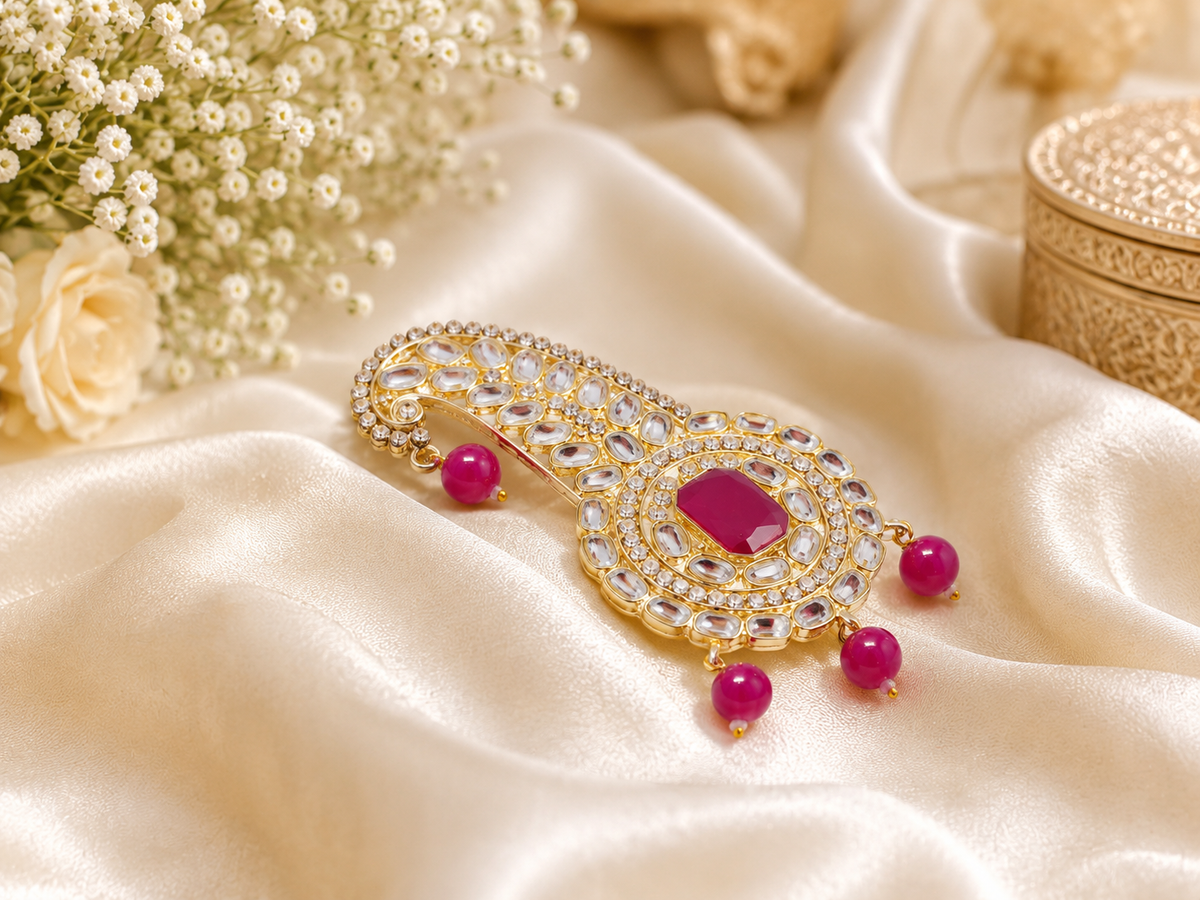 Traditional Groom kalgi with Kundan Work & Pearl Danglers - Rani Pink