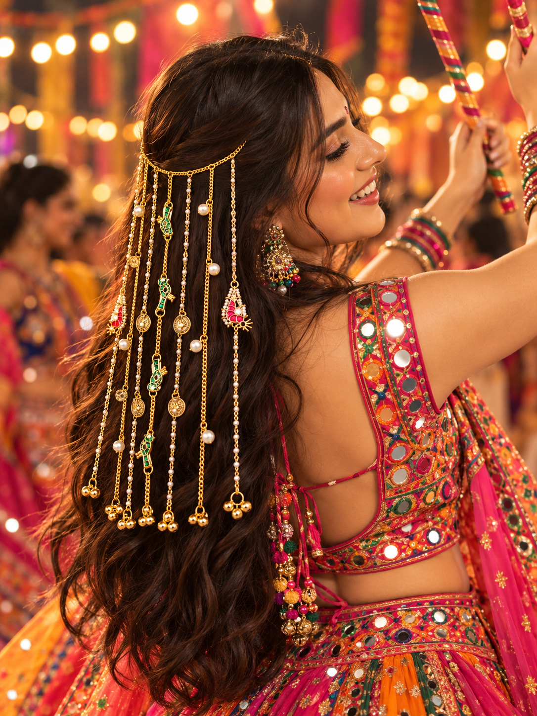 Navratri Peacock & Pearl Multichain Headpiece – Traditional Garba Hair Jewellery