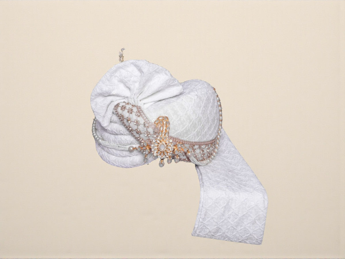 Elegant White Groom Pagdi with Safa and Kalgi