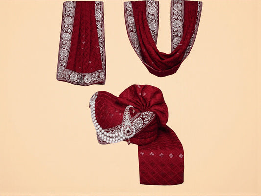 Royal Maroon Groom’s Pagdi with Embroidered Safa & Pearl Kalgi
