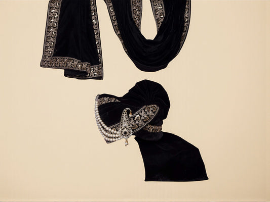 Royal Black Velvet Groom Pagdi with Safa and Pearl Kalgi
